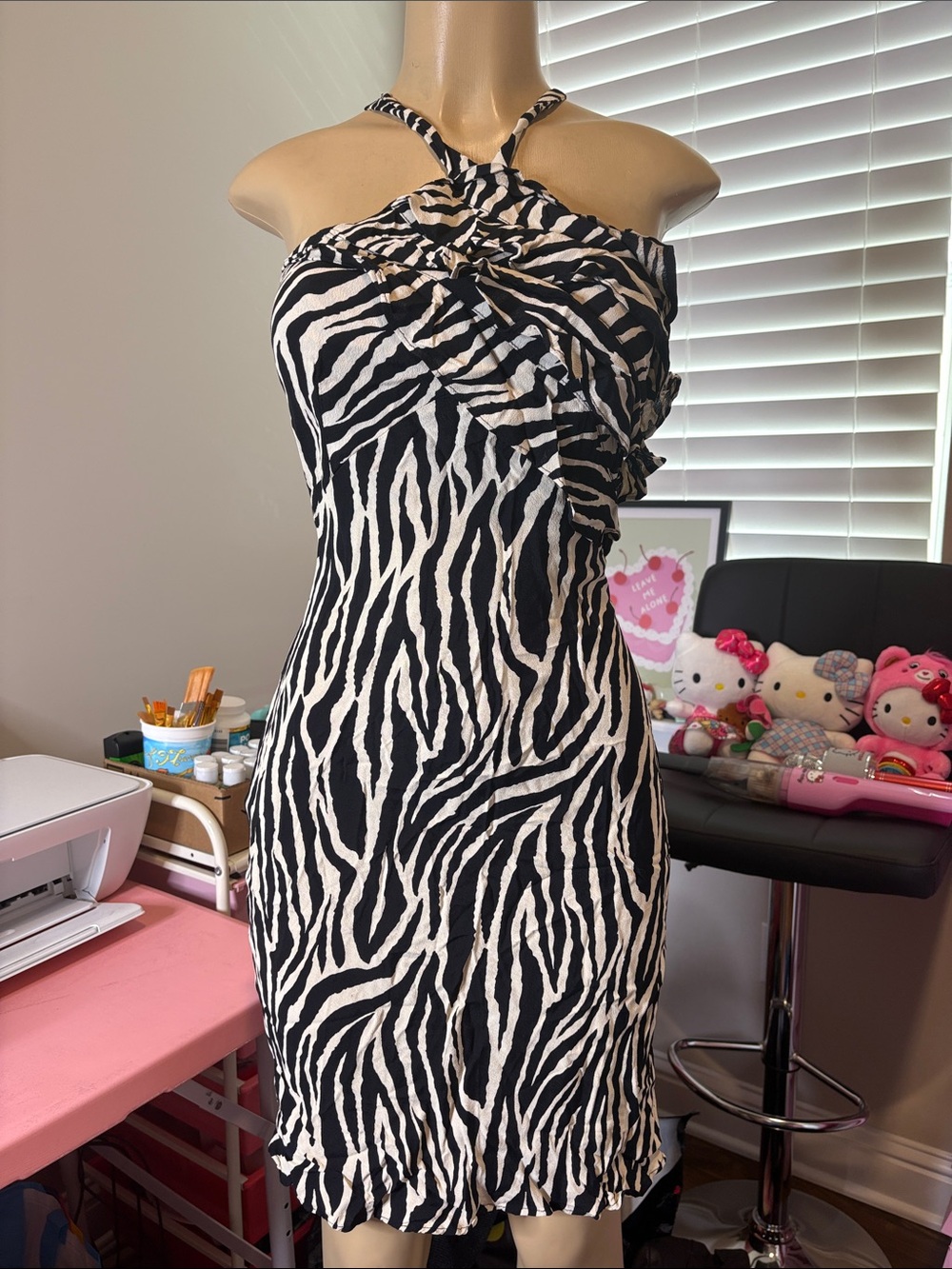 Zebra-Print Halter Mini Dress in Black & White